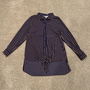 DR2 Navy and Orange Tie Front Button Down Blouse